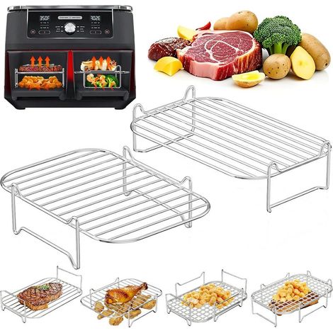 Grille Air Fryer Stackable, 2 Pcs Accessoires Air Fryer Chaud Dual Zone, Accessoires pour Friteuse à air En Acier Inoxydable 304 Compatible avec Ninja Foodi Dual, Cosori Twinfry et Autres (1/5)