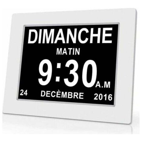 Horloge numérique 7 pouces avec date et heure – Affichage clair pour Alzheimer – Rappel de médicaments – Plastique blanc – 204x143x24mm (1/5)