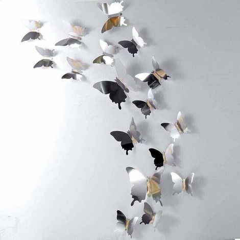 Pegatinas de pared de mariposas 3D - 48 piezas por paquete - Mariposa plateada con efecto espejo - Grande: 11 cm - Mediana: 8 cm - Pequeña: 6,5 cm (1/4)