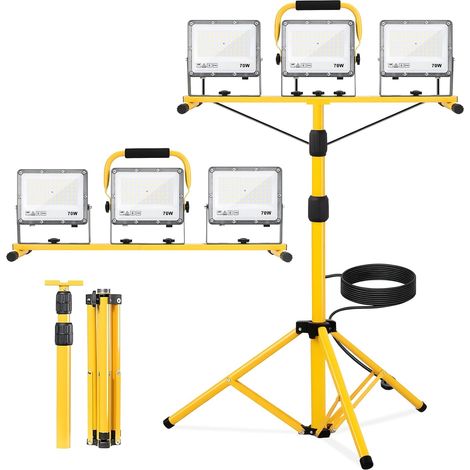 3×70W Projecteur LED sur Trépieds 21,000LM, Lentilles PC Lampe de Chantier Travail avec Support Réglable Hauteur 160cm, Lumière de Chantier Étanche IP66, avec Câble 5M, pour Garage, Atelier (1/5)