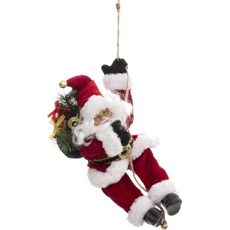 Père Noël grimpeur sur corde en velours rouge et fourrure blanche H 30 cm - Feeric Christmas