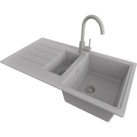 PRIMAGRAN Evier Cuisine en Granit 90x50cm,Lavabo 1,5 bacs + Robinet 32x20cm + Kit de Vidage, Évier à Encastrer au meuble 60cm - Copenhague Duo, Gris (1/5)