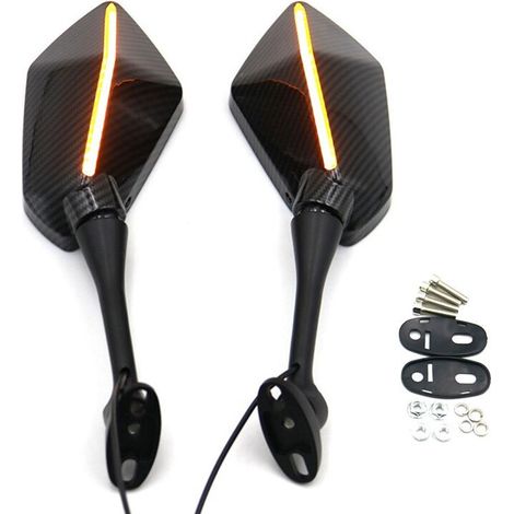 Espejo retrovisor doble modificado para motocicleta, intermitente LED, rosca de espejo de 6 mm + doble luz de fibra de carbono (1/2)
