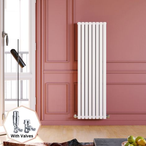 ELEGANT 1600 x 480 mm White Vertical Column Radiator Double Oval Panel Heater For Bedroom + Chrome Thermostatic Radiator Valves (1/5)