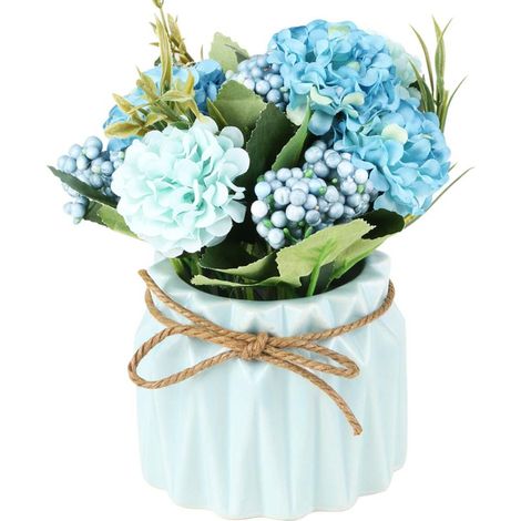 1 Mini-hortensias artificiels, fleurs en soie, pot en céramique, décoration intérieur bureau (1/5)