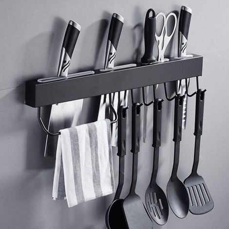 Porte-couteau mural avec support rangement en acier inoxydable noir 304 pour cuisine (longueur 40 cm, avec 6 crochets) (1/4)