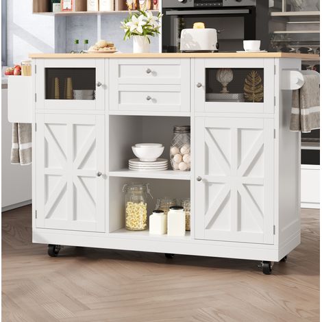 Kücheninsel, Esszimmerwagen mit Arbeitsplatte, Buffetschrank, Esszimmerwagen mit Holzmaserung, seitlicher Handtuchhalter, dreidimensionale Schranktüren mit Rollen, verstellbare Trennwände, weiß (1/5)