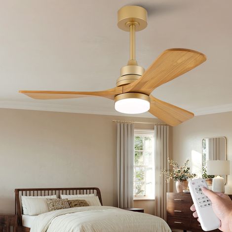 Ventilateur de Plafond Bois 107cm Finition Or avec Télécommande et Lumière, 3 Pales, Idéal Terrasse et Salon Style Rustique