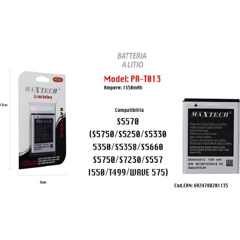 MaxTech - Batteria A Litio Compatibile S5570 Cellulare Smartphone 1350mah Maxtech Pa-t013 -