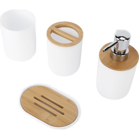 Ensemble de 4 accessoires de salle de bain en bambou imperméable et durable, idéal comme cadeau pour la maison ou l'hôtel (blanc). (1/5)