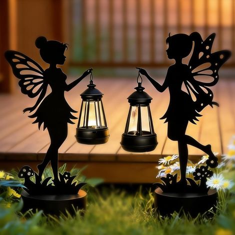 Juego de 2 figuras de hadas con luces solares, decoraciones impermeables para jardín al aire libre para patio, patio, adornos de hierro negro, iluminación blanca cálida (1/5)