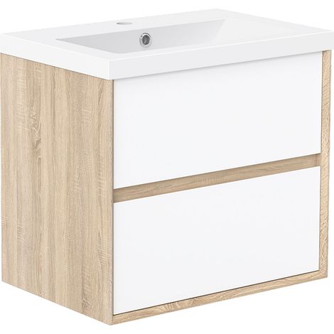 600mm Matt White Oak Bathroom Vanity Unit with Wash Resin Basin Wall Hung Storage Cabinet 2 Drawers