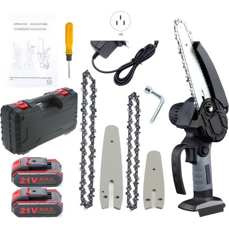 Mini tronçonneuse électrique 21V 4/6 pouces portable avec verrou de sécurité, 2 chaînes, scie à chaîne rechargeable sans fil pour coupe du bois et jardin