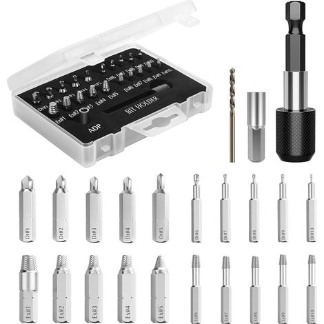 Kit de extracción de tornillos rotos, 22 herramientas de extracción mejoradas en acero de aleación HSS 4341 con brocas, 2 portabrocas magnéticos y adaptador de enchufe para tornillos dañados.