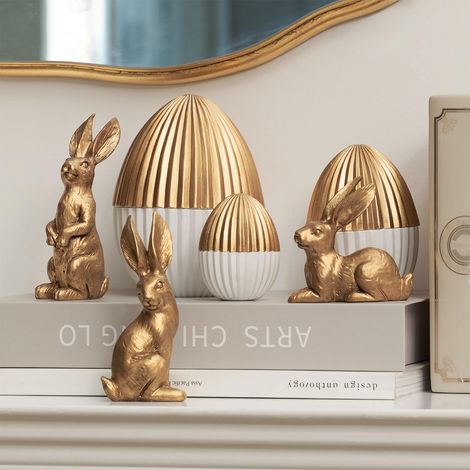 Lot de 6 décorations de Pâques avec 3 Lapins et 3 œufs de Pâques dorés, Petites Figurines de Lapin de Pâques, décoration de Table de Printemps, Statues de Lapin d'intérieur, décoration (1/5)