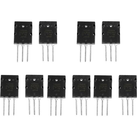 paires de transistors audio haute performance noirs appariés 2SA1943 et 2SC5200