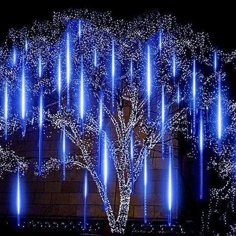 Lampe Pluie de Météores Extérieure Déco Noël, Guirlande Lumineuse Glaçons Étanche en Cascade, Suspension Lumière Tombante pour Arbre Mariage Terrasse Cour Thanksgiving - Bleu, 30 cm (12 pouces), 8 bra