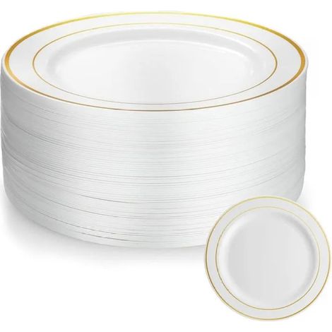 50 Pièces Assiette 20cm Assiette Plastique Reutilisable Avec Bordure Dorée Assiettes en Plastique Blanc Assiettes pour Mariages
