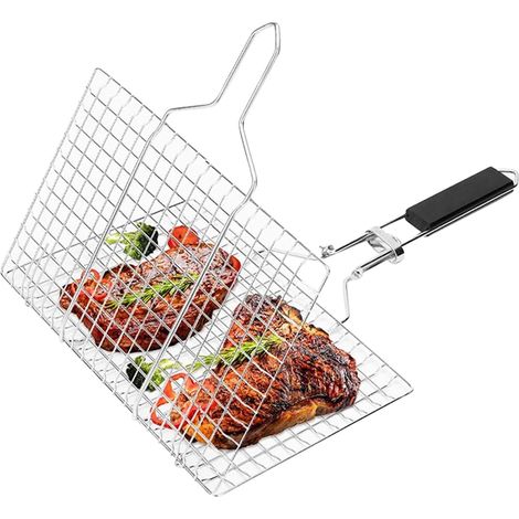 Grillkorb – Tragbarer und faltbarer Edelstahlgrill mit abnehmbarem Griff zum Grillen von Fisch, Gemüse und Dosen im Freien