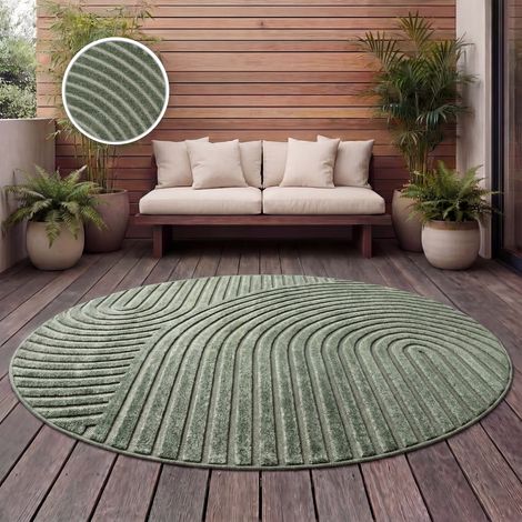 Paco Home Outdoor Teppich Wetterfest Balkon Wohnzimmer Skandinavisches Boho Einfarbig 160 cm Rund, Grün 3