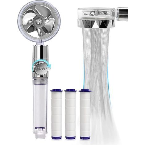 Hand shower, water-saving anti-limescale shower head, 360° rotatable high-pressure propeller shower head, three-stage filter filter system with 3 replaceable PP cotton shower heads (silver) (1/5)