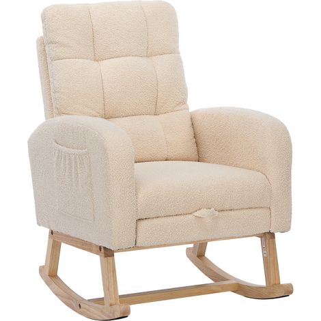 Sedia a dondolo in bouclé beige con struttura in legno, schienale alto e tasca laterale (1/5)