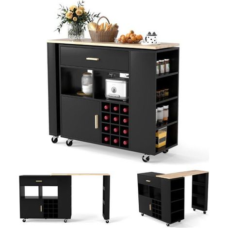 Carrello di servizio reversibile per isola cucina 120 x 40 x 100 cm con pratico vano contenitore stile moderno legno di caucciù nero 200011639