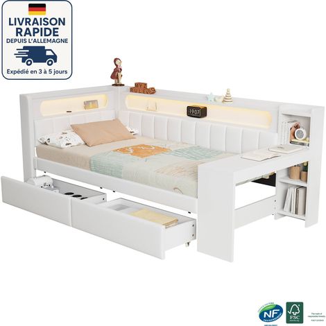 Cama infantil tapizada 90x200 - Con escritorio y 2 cajones - Iluminación LED - Blanco (1/5)