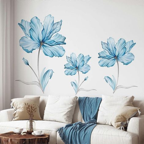 Sticker mural Fleurs bleues - Grandes fleurs et plantes - Sticker mural amovible - Décoration murale pour salon, chambre, bureau et salle de bain (1/5)