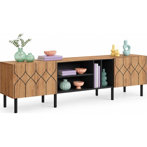 Meuble TV 180 cm pour téléviseur 32 à 70 pouces, meuble TV bois clair et noir avec 2 portes push-to-open, 4 niches ouvertes, passe-câbles salon - CHICFURN (1/5)
