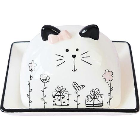 Beurrier en céramique, porte-beurre à motif dessin animé, beurrier avec couvercle, porte-fromage, récipient à beurre-14.8X12X9.5CM (1/4)