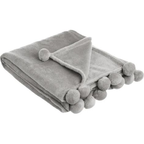 Couverture polaire - JUANIO - 160 x 130 cm - Lot de 2 - Pompons - Gris (1/4)