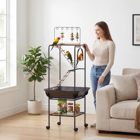 Parque de Juegos de Pájaros con Ruedas Escaleras Columpio Protector de Semillas Bandeja Comederos Perchas 63x63x163 cm (1/5)