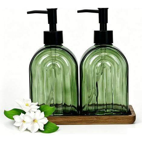Lot de 2 distributeurs de savon en verre vert de 400 ml avec pompe, ensemble d'accessoires de salle de bain en verre avec plateau en bois, distributeur de liquide vaisselle pour cuisine (1/5)