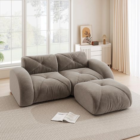 Canapé modulable 2 places moderne avec pouf, mousse haute densité 32D, idéal pour le salon, revêtement chenille doux et antidérapant, couleur marron.