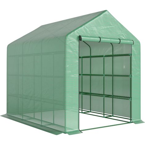 Serre de jardin d'hivernage 3 niveaux avec étagères, porte enroulable, tube acier vert 244x180x210 cm (1/5)