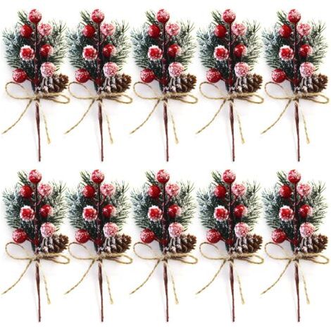 Set mit 10 roten Weihnachtsstielzweigen von 20 cm - Kleine künstliche Weihnachtspicks und Sprays mit Tannenzapfen, Stechpalmen, Weihnachtsbeeren, Blumendekorationen für Weihnachtskränze (1/5)
