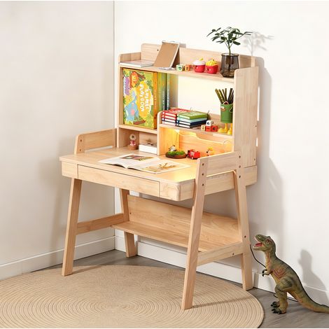 Kinderschreibtisch aus Massivholz höhenverstellbar 84 x 60 x 127,5 cm Natur mit LED-Leiste und USB (1/5)