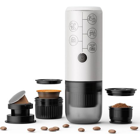 Cafetera expreso portátil 3 en 1 sin función de calentamiento, con carga tipo C, minicafetera de 17 bares para cápsulas NESPRESSO/DolceGusto y café molido para llevar, color blanco. (1/5)