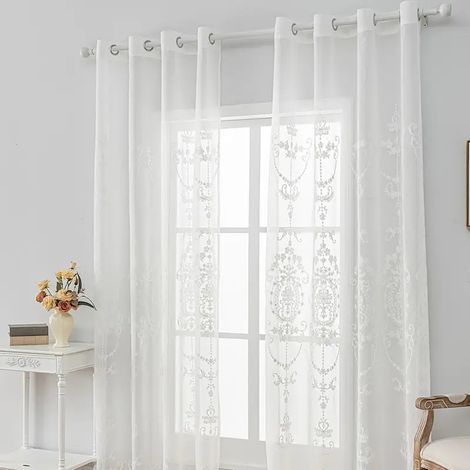 Two-Piece European Style Embroidered White Organza Curtains, Modern Window Curtains, 140 x 260 cm
