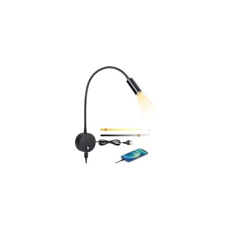 Liseuse murale, Lampe de chevet murale LED avec interrupteur tactile dimmable et port de charge USB, 3W liseuse de lit pivotante à 360° avec prise et câble pour chambre, 3000-6000K, Noir (1/5)