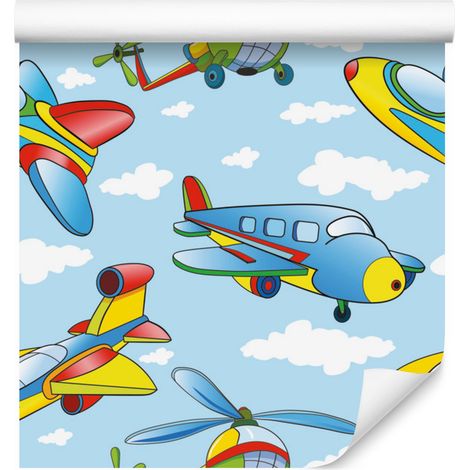 Papel pintado con coloridos aviones de juguete para salón y dormitorio, 50x1000 cm. (1/5)