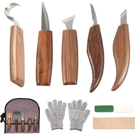 10Pcs Outils Sculpture sur Bois en Acier Carbone Ensemble d'outils de Sculpture sur Bois avec Couteau à Crochet Couteau à Découper Professionnels Outils de Gravure en Bois pour Travail du Bois (1/5)