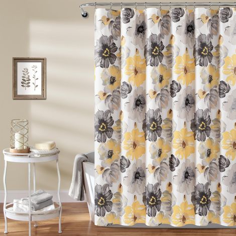 Rideau de Douche à Motif Floral Leah, 183 cm de Large x 182,9 cm de Long, Jaune et Gris – Joli Rideau de Douche Jaune – Décoration printanière – Fleurs Florales colorées – Décoration de (1/5)