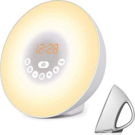 Light alarm clock with sunrise and sunset simulation, bedside lamp with FM radio, nature sounds, touch controls and snooze function. (1/4)