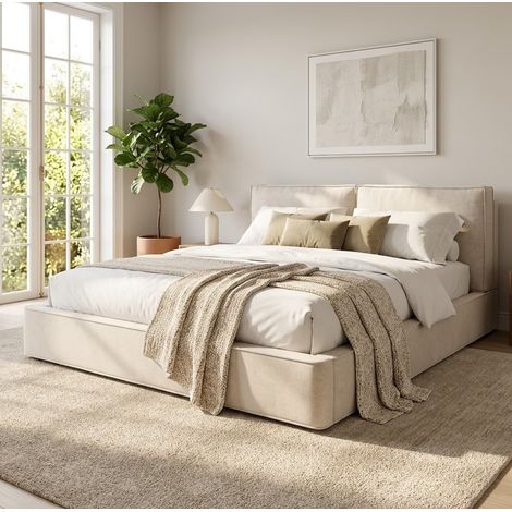 Letto contenitore in ciniglia beige 180x200 cm con rete a doghe e testiera imbottita (1/5)