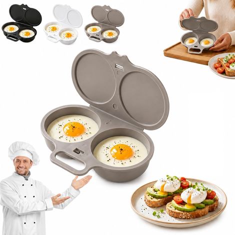 Cuiseur à œufs pour micro-ondes avec couvercle et poignée, double cavité pour 2 œufs, PP qualité alimentaire, gris (1/5)