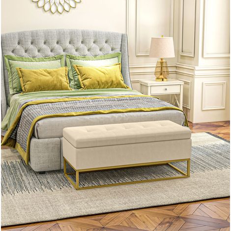 Gepolsterte Aufbewahrungsbank beige, 110 x 44 x 49 cm, Samtoptik, Stahlfüße HAVRYA (1/5)