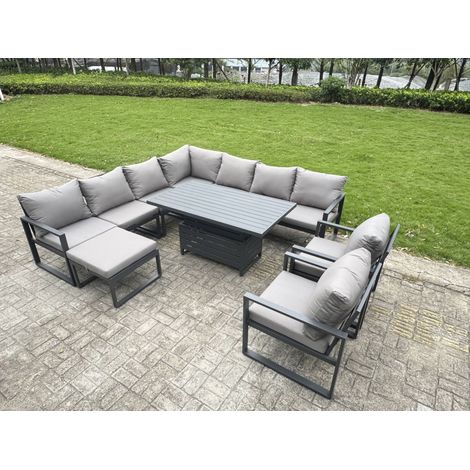 Fimous 10 Seater Aluminium Sofa Set 9 Pieces Outdoor Garden Furniture - Rising Dining Table with Cushions Big Footstool 2 Chair Footstool Dark Grey (1/5)