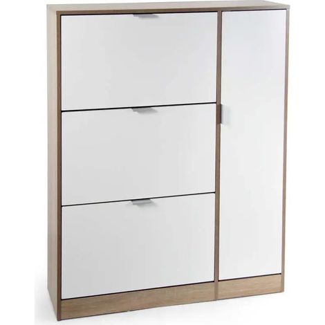 Zapatero moderno de 99 x 24 x 122 cm en color roble y blanco, con 3 compartimentos y 1 puerta lateral.